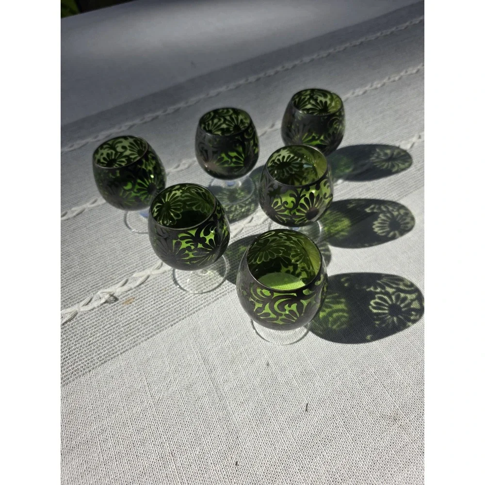 VTG Green Silver Overlay Cordial‎ Liqueuer Glasses Set of 6 Stemware 3